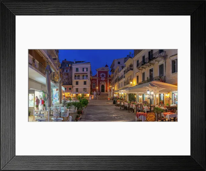 Framed Print : View of restaurants in Mitropolis Square, old Corfu Town at dusk, UNESCO World Heritage Site, Corfu, Ionian Sea, Greek Islands, Greece, Europe Framed Print : View of restaurants in Mitropolis Square, old Corfu Town at dusk, UNESCO World Heritage Site, Corfu, Ionian Sea, Greek Islands, Greece, Europe