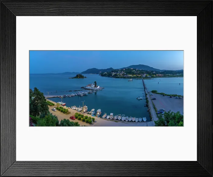Framed Print : View of Holy Monastery of Panagia Vlacherna at dusk, Corfu, Ionian Sea, Greek Islands, Greece, Europe Framed Print : View of Holy Monastery of Panagia Vlacherna at dusk, Corfu, Ionian Sea, Greek Islands, Greece, Europe
