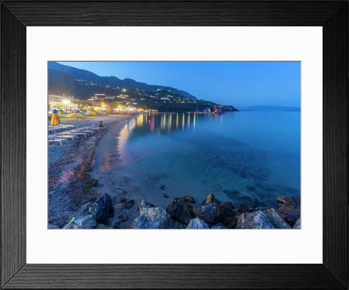Framed Print : View of Ionian Sea and Ipsos Beach in Ipsos at dusk, Ipsos, Corfu, Ionian Sea, Greek Islands, Greece, Europe Framed Print : View of Ionian Sea and Ipsos Beach in Ipsos at dusk, Ipsos, Corfu, Ionian Sea, Greek Islands, Greece, Europe