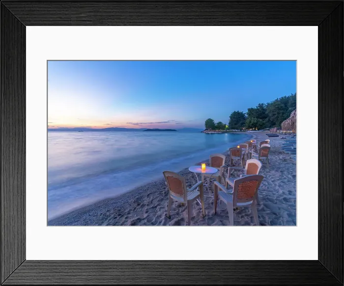 Framed Print : View of restaurant tables on beach after sunset, Thassos Town, Thassos, Aegean Sea, Greek Islands, Greece, Europe Framed Print : View of restaurant tables on beach after sunset, Thassos Town, Thassos, Aegean Sea, Greek Islands, Greece, Europe