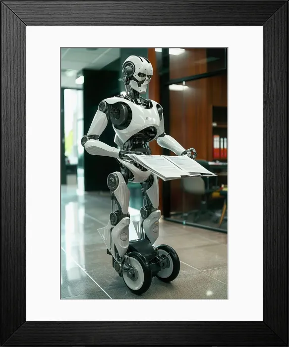 Framed Print : AI generated image of a Humanoid robot on wheels carrying and distributing documents in an office environment