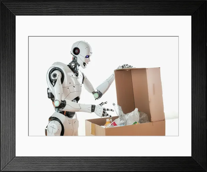 Framed Print : AI generated image of a Futuristic humanoid robot disposing of plastic bottles in a cardboard box in the idea of recycling Framed Print : AI generated image of a Futuristic humanoid robot disposing of plastic bottles in a cardboard box in the idea of recycling