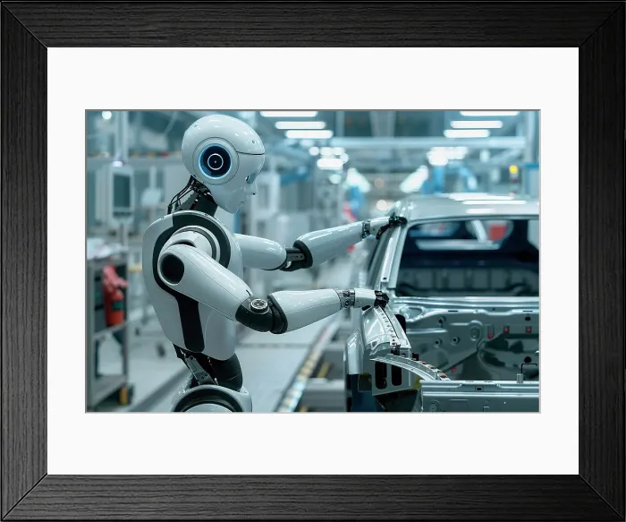 Framed Print : AI generated image of a Futuristic humanoid robot working in a car assembly production line Framed Print : AI generated image of a Futuristic humanoid robot working in a car assembly production line