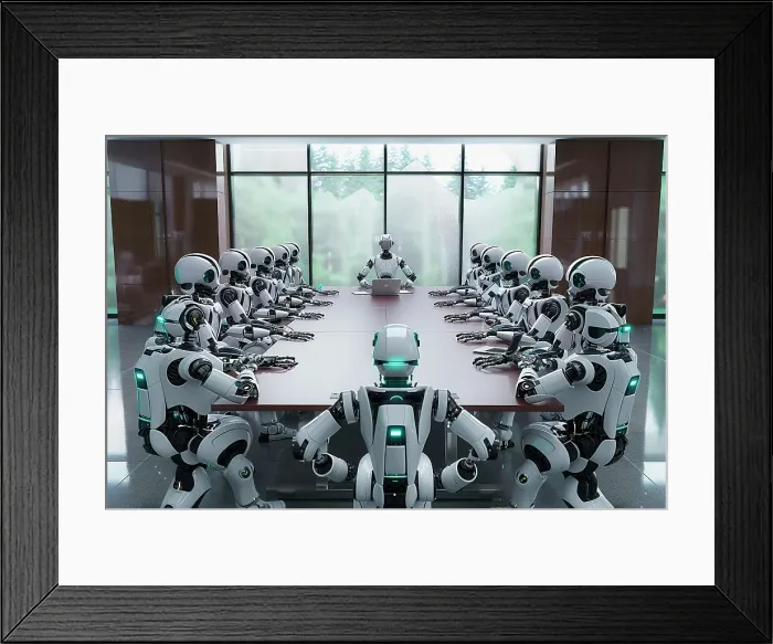 Framed Print : AI generated image of a Group of humanoid cyborgs seated around a big meeting table in a conference room Framed Print : AI generated image of a Group of humanoid cyborgs seated around a big meeting table in a conference room