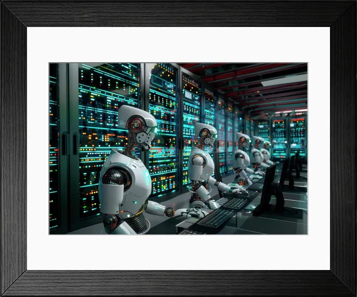 Framed Print : AI generated image of a Group of humanoid robots working on computers in a data center Framed Print : AI generated image of a Group of humanoid robots working on computers in a data center