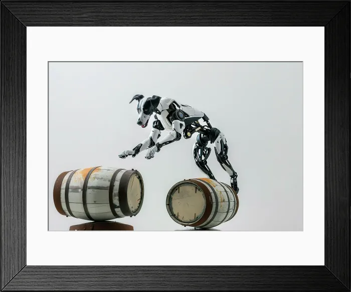 Framed Print : AI generated image of a Dog robot jumping over barrels in front of a white background