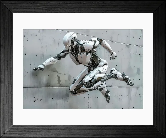Framed Print : AI generated image of a Humanoid robot practising parkour in an urban environment