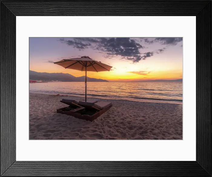 Framed Print : View of sun lounger on the beach and Aegean Sea after sunset, Thassos Town, Thassos, Aegean Sea, Greek Islands, Greece, Europe Framed Print : View of sun lounger on the beach and Aegean Sea after sunset, Thassos Town, Thassos, Aegean Sea, Greek Islands, Greece, Europe