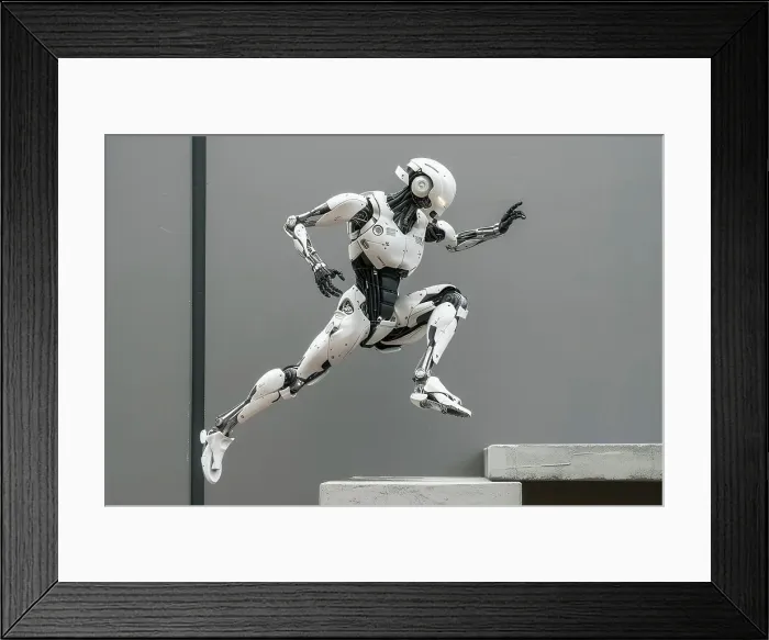 Framed Print : AI generated image of a Humanoid robot practising parkour in an urban environment Framed Print : AI generated image of a Humanoid robot practising parkour in an urban environment