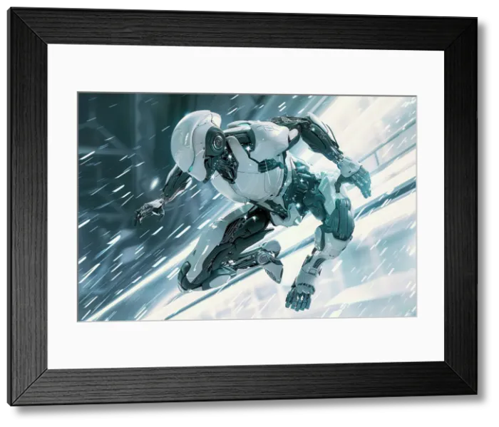 Framed Print : AI generated image of a Humanoid robot running and jumping over ice Framed Print : AI generated image of a Humanoid robot running and jumping over ice