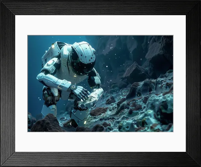 Framed Print : AI generated image of a Robot collecting samples in abyssal plains Framed Print : AI generated image of a Robot collecting samples in abyssal plains