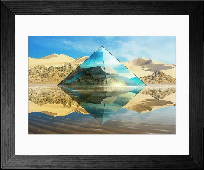 Framed Print : AI generated image of a Cristal pyramid reflecting in water in the desert Framed Print : AI generated image of a Cristal pyramid reflecting in water in the desert