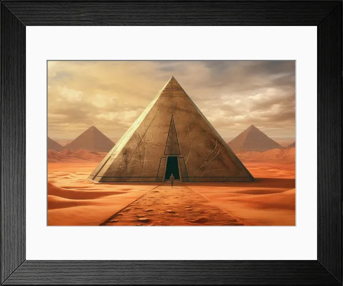 Framed Print : AI generated image of a Pyramids in the desert, Symbol of the life after death and embodying the union of earth and heaven Framed Print : AI generated image of a Pyramids in the desert, Symbol of the life after death and embodying the union of earth and heaven