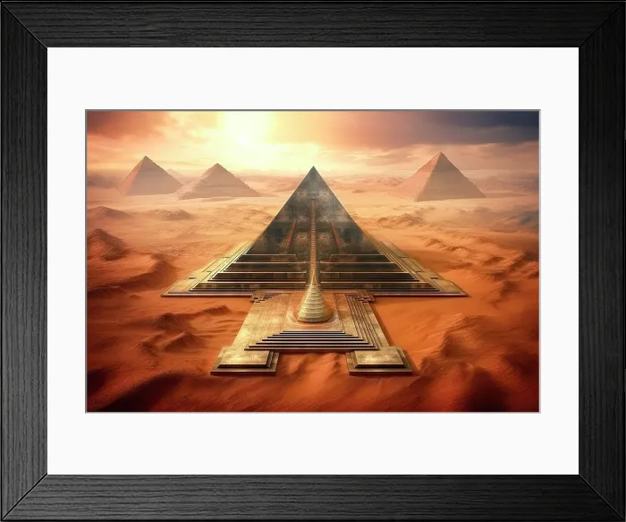 Framed Print : AI generated image of a Pyramids in the desert, Symbol of the life after death and embodying the union of earth and heaven Framed Print : AI generated image of a Pyramids in the desert, Symbol of the life after death and embodying the union of earth and heaven