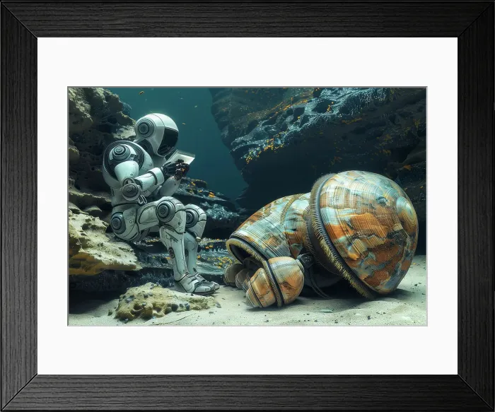 Framed Print : AI generated image of a Robot collecting samples of giant mussels and tubeworms in the deep sea Framed Print : AI generated image of a Robot collecting samples of giant mussels and tubeworms in the deep sea