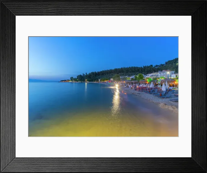 Framed Print : View of restaurant on beach at dusk, Thassos Town, Thassos, Aegean Sea, Greek Islands, Greece, Europe