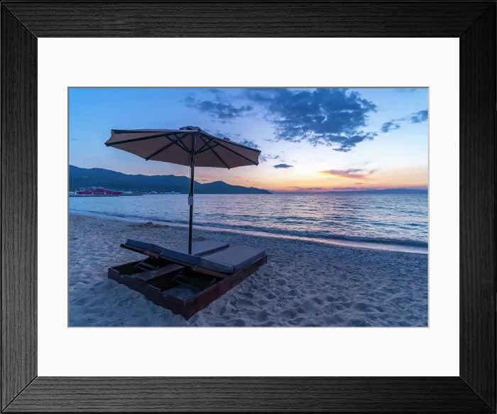 Framed Print : View of sun lounger on the beach and Aegean Sea after sunset, Thassos Town, Thassos, Aegean Sea, Greek Islands, Greece, Europe Framed Print : View of sun lounger on the beach and Aegean Sea after sunset, Thassos Town, Thassos, Aegean Sea, Greek Islands, Greece, Europe