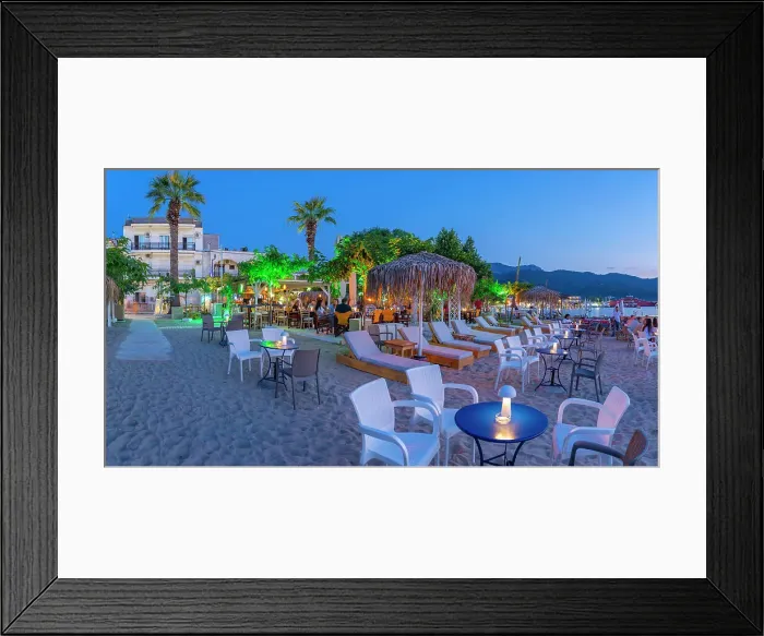 Framed Print : View of restaurant on beach after sunset, Thassos Town, Thassos, Aegean Sea, Greek Islands, Greece, Europe