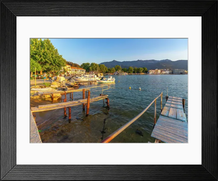 Framed Print : View of boats in old harbour in Thassos Town during golden hour, Thassos, Aegean Sea, Greek Islands, Greece, Europe