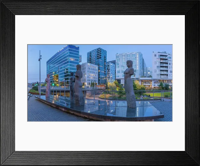 Framed Print : View of the Barcode buildings and Fellesskap sculptures at dusk, Oslo, Norway, Scandinavia, Europe Framed Print : View of the Barcode buildings and Fellesskap sculptures at dusk, Oslo, Norway, Scandinavia, Europe