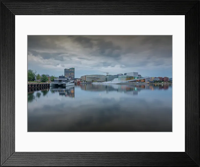 Framed Print : View of Oslo Opera House and Munch Museum reflecting in harbour on cloudy day, Oslo, Norway, Scandinavia, Europe Framed Print : View of Oslo Opera House and Munch Museum reflecting in harbour on cloudy day, Oslo, Norway, Scandinavia, Europe