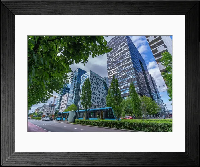 Framed Print : View of city tram and contemporary architecture in the Barcode area on a sunny day, Oslo, Norway, Scandinavia, Europe Framed Print : View of city tram and contemporary architecture in the Barcode area on a sunny day, Oslo, Norway, Scandinavia, Europe