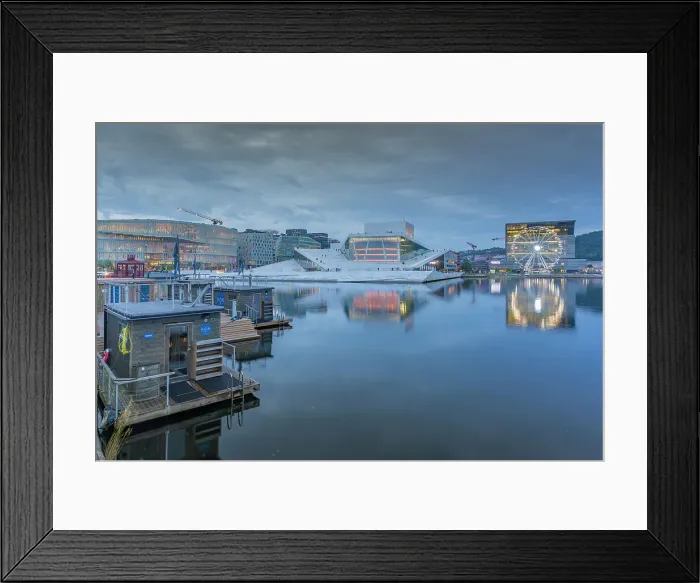 Framed Print : View of saunas, Oslo Opera House and Munch Museum reflecting in harbour on cloudy evening, Oslo, Norway, Scandinavia, Europe Framed Print : View of saunas, Oslo Opera House and Munch Museum reflecting in harbour on cloudy evening, Oslo, Norway, Scandinavia, Europe