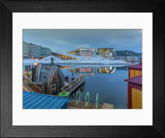 Framed Print : View of saunas, Oslo Opera House and Munch Museum reflecting in harbour on cloudy evening, Oslo, Norway, Scandinavia, Europe Framed Print : View of saunas, Oslo Opera House and Munch Museum reflecting in harbour on cloudy evening, Oslo, Norway, Scandinavia, Europe