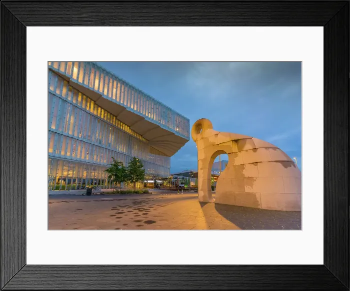 Framed Print : View of Creature from Iddefjord statue and Oslo Central Library on cloudy evening, Oslo, Norway, Scandinavia, Europe Framed Print : View of Creature from Iddefjord statue and Oslo Central Library on cloudy evening, Oslo, Norway, Scandinavia, Europe