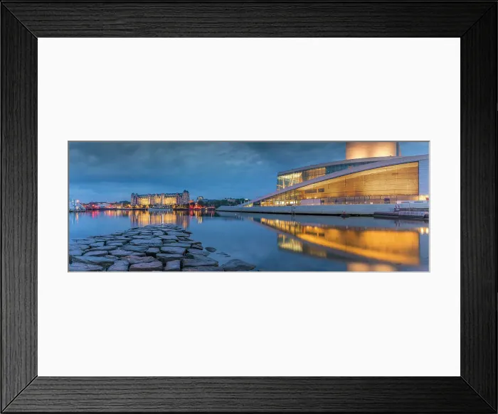 Framed Print : View of buildings and Oslo Opera House reflecting in harbour at dusk, Oslo, Norway, Scandinavia, Europe Framed Print : View of buildings and Oslo Opera House reflecting in harbour at dusk, Oslo, Norway, Scandinavia, Europe