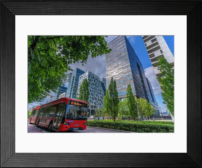 Framed Print : View of city bus and contemporary architecture in the Barcode area on a sunny day, Oslo, Norway, Scandinavia, Europe Framed Print : View of city bus and contemporary architecture in the Barcode area on a sunny day, Oslo, Norway, Scandinavia, Europe