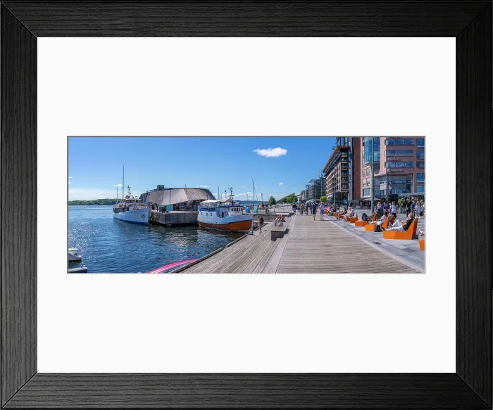 Framed Print : View of boat and sun loungers at the waterfront, Aker Brygge, Oslo, Norway, Scandinavia, Europe Framed Print : View of boat and sun loungers at the waterfront, Aker Brygge, Oslo, Norway, Scandinavia, Europe