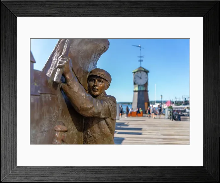 Framed Print : View of Pelle Gruppa statue and Aker Brygge Clock Tower in background, Aker Brygge, Oslo, Norway, Scandinavia, Europe Framed Print : View of Pelle Gruppa statue and Aker Brygge Clock Tower in background, Aker Brygge, Oslo, Norway, Scandinavia, Europe