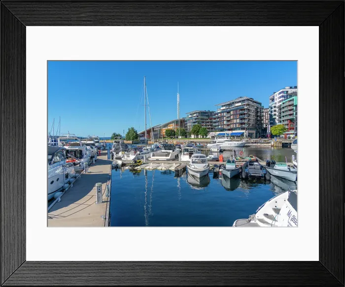 Framed Print : View of boats and architecture at the waterfront, Aker Brygge, Oslo, Norway, Scandinavia, Europe