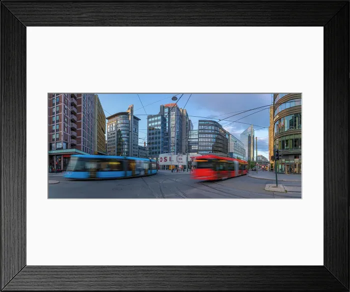 Framed Print : View of buildings and city tram in Jernbanetorget, Oslo, Norway, Scandinavia, Europe