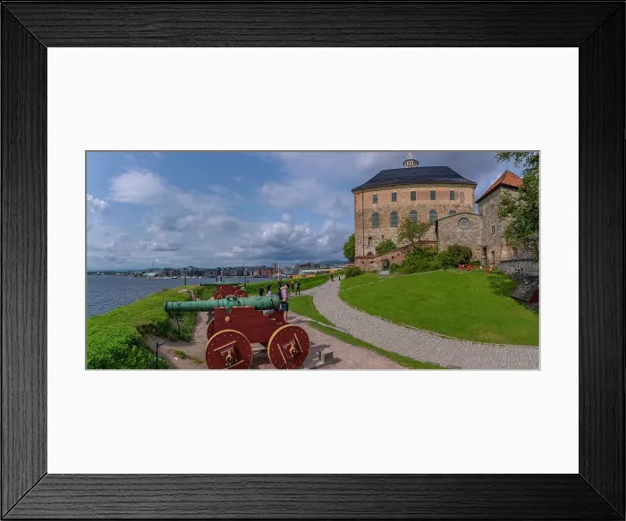 Framed Print : View of the Akershus Fortress, cannons and city skyline from inside the walls on a sunny day, Oslo, Norway, Scandinavia, Europe Framed Print : View of the Akershus Fortress, cannons and city skyline from inside the walls on a sunny day, Oslo, Norway, Scandinavia, Europe
