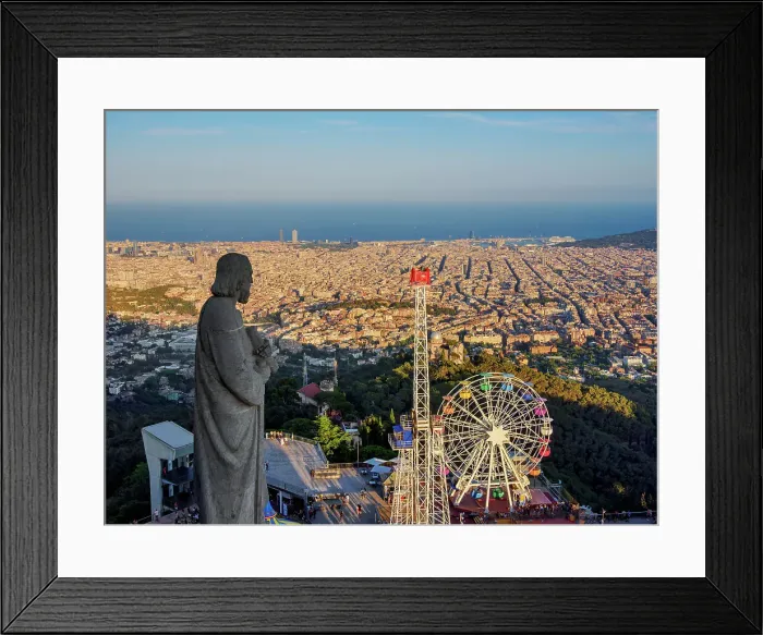 Framed Print : Tibidabo Amusement Park at sunset, elevated view, Mount Tibidabo, Barcelona, Catalonia, Spain, Europe