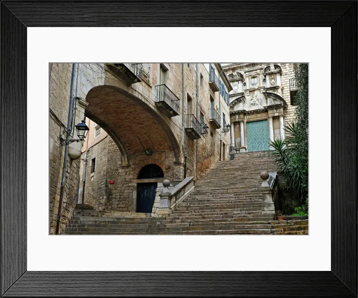 Framed Print : Arch under the Agullana Palace and stairs leading to the Sant Marti Sacosta church, Girona, Catalonia, Spain, Europe Framed Print : Arch under the Agullana Palace and stairs leading to the Sant Marti Sacosta church, Girona, Catalonia, Spain, Europe