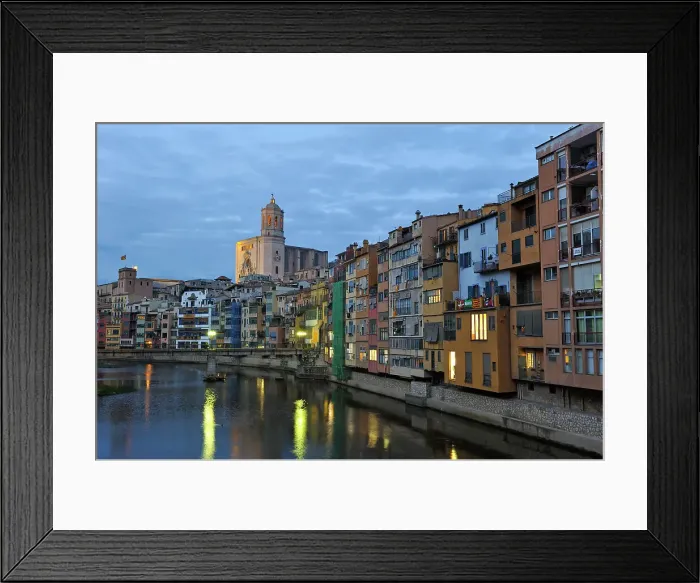 Framed Print : Front of the houses by the Onyar River at dusk, with the bell tower of the Cathedral in the background, Girona, Catalonia, Spain, Europe Framed Print : Front of the houses by the Onyar River at dusk, with the bell tower of the Cathedral in the background, Girona, Catalonia, Spain, Europe