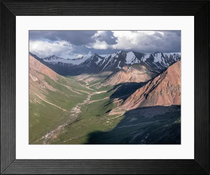Framed Print : Snow-capped peaks and lush valleys at sunset showcased in a stunning landscape, Kyrgyzstan, Central Asia, Asia Framed Print : Snow-capped peaks and lush valleys at sunset showcased in a stunning landscape, Kyrgyzstan, Central Asia, Asia