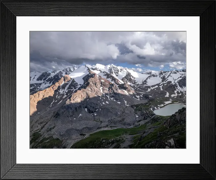 Framed Print : Snow-capped peaks and lush valleys at sunset showcased in a stunning landscape, Kyrgyzstan, Central Asia, Asia Framed Print : Snow-capped peaks and lush valleys at sunset showcased in a stunning landscape, Kyrgyzstan, Central Asia, Asia