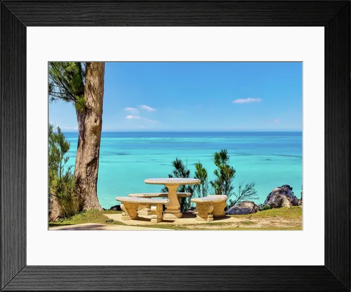 Framed Print : Picnic table next to the ocean, Somerset Parish, Bermuda, Atlantic, North America