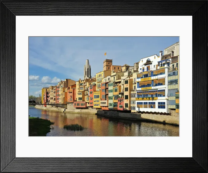 Framed Print : House fronts including the white Casa Maso, birthplace of Catalan architect Rafael Maso, 1880-1935, by the Onyar River, with the belltower of Collegiate Church of San Felix in the background, Girona, Catalonia, Spain, Europe Framed Print : House fronts including the white Casa Maso, birthplace of Catalan architect Rafael Maso, 1880-1935, by the Onyar River, with the belltower of Collegiate Church of San Felix in the background, Girona, Catalonia, Spain, Europe