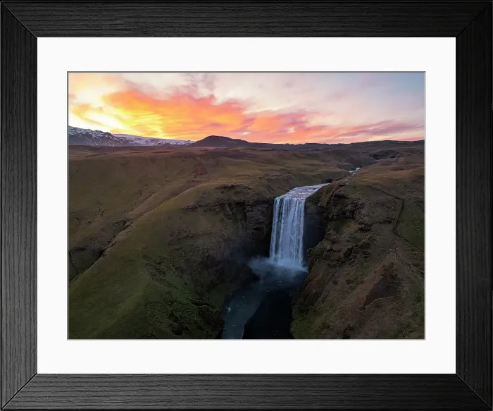 Framed Print : Aerial view taken by drone of Skogafoss Waterfall, southern Iceland, Polar Regions Framed Print : Aerial view taken by drone of Skogafoss Waterfall, southern Iceland, Polar Regions