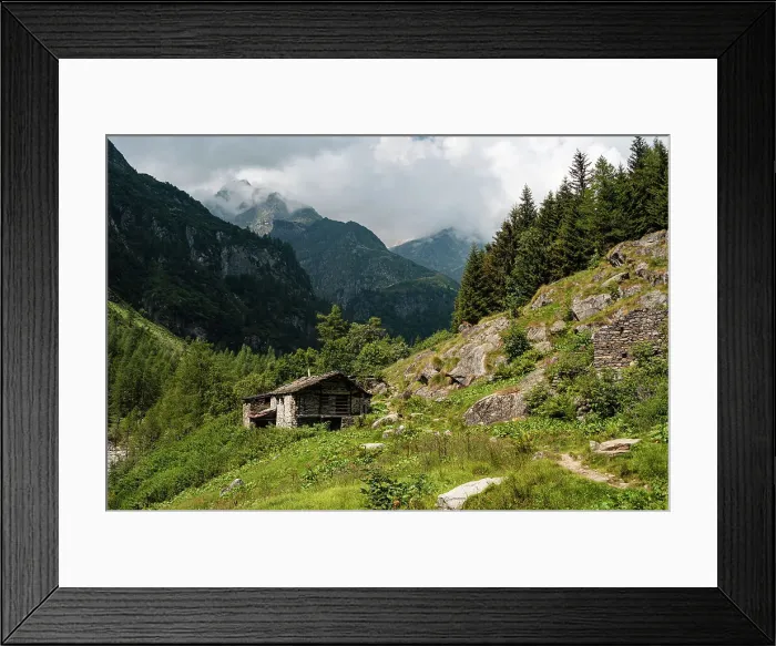Framed Print : Stone hut in an alpine forest on a hiking trail in Alagna Valsesia area in the Italian Alps, Piedmont, Italy, Europe Framed Print : Stone hut in an alpine forest on a hiking trail in Alagna Valsesia area in the Italian Alps, Piedmont, Italy, Europe
