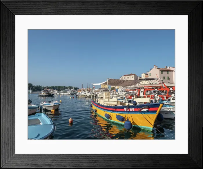 Framed Print : Colourful boat in the harbour, Rovinj, Istria, Croatia, Europe Framed Print : Colourful boat in the harbour, Rovinj, Istria, Croatia, Europe