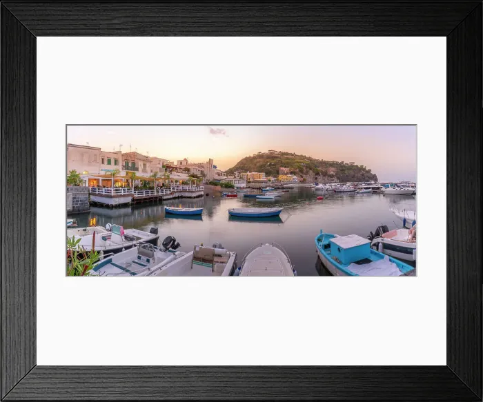 Framed Print : View of harbour and the town of Lacco Ameno at sunset, Island of Ischia, Campania, Italy, Europe