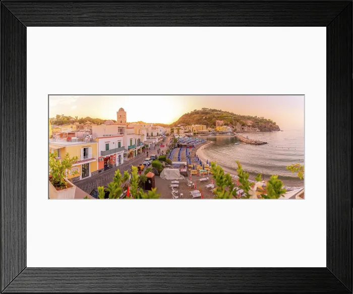 Framed Print : Elevated view of beach and the town of Lacco Ameno at sunset, Island of Ischia, Campania, Italy, Europe Framed Print : Elevated view of beach and the town of Lacco Ameno at sunset, Island of Ischia, Campania, Italy, Europe