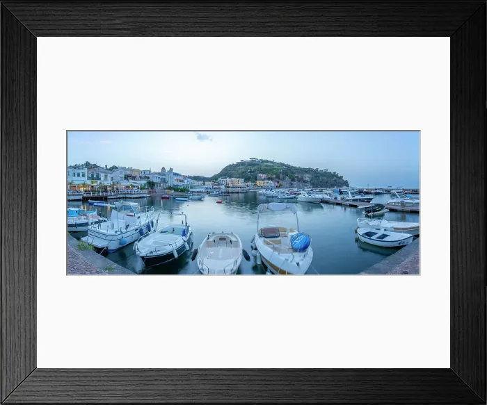 Framed Print : View of harbour and the town of Lacco Ameno at sunset, Island of Ischia, Campania, Italy, Europe