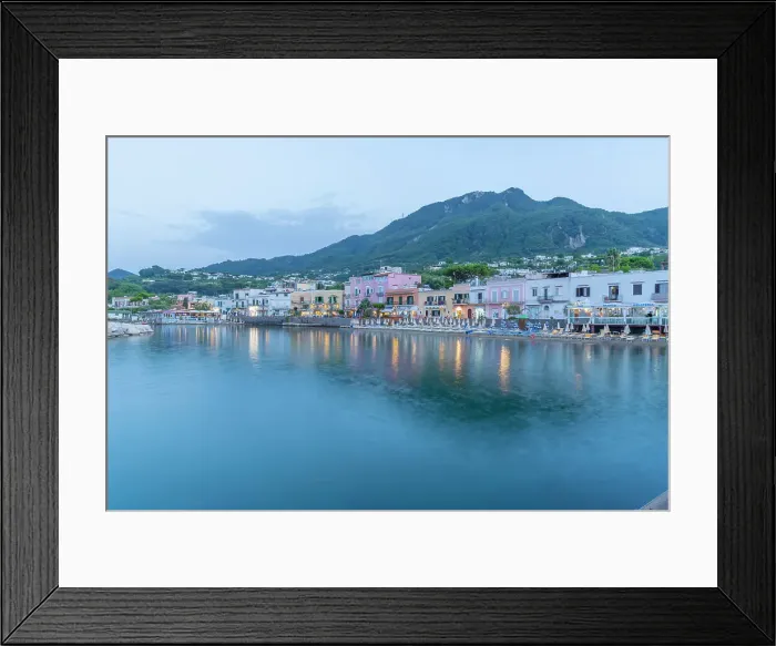 Framed Print : View of beach and the town of Lacco Ameno at dusk, Island of Ischia, Campania, Italy, Europe Framed Print : View of beach and the town of Lacco Ameno at dusk, Island of Ischia, Campania, Italy, Europe